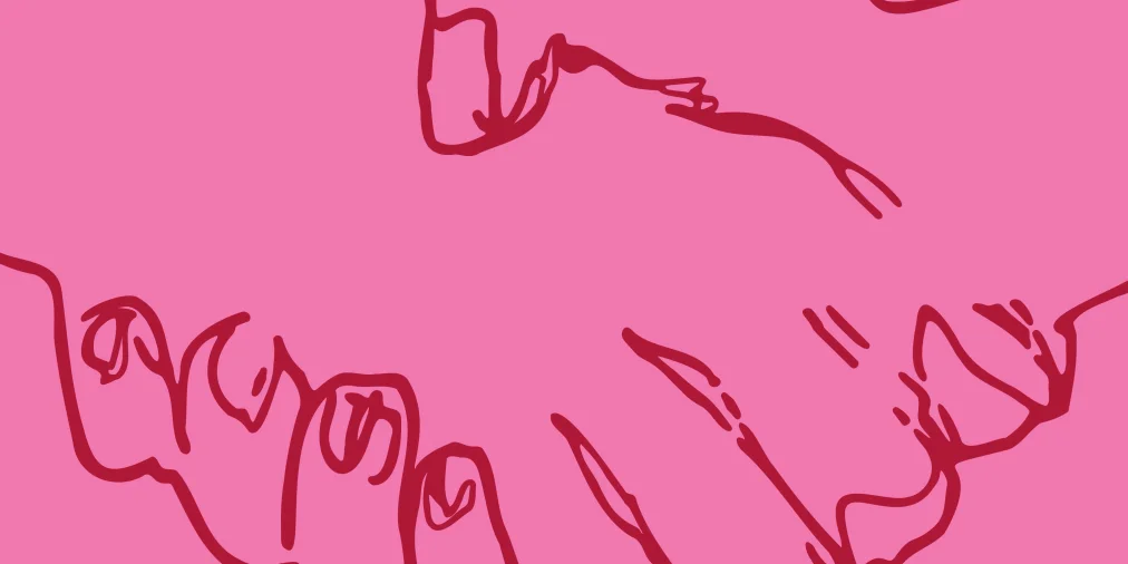 A graphic illustration shows two clasped hands as a line drawing in dark red on a pink background.