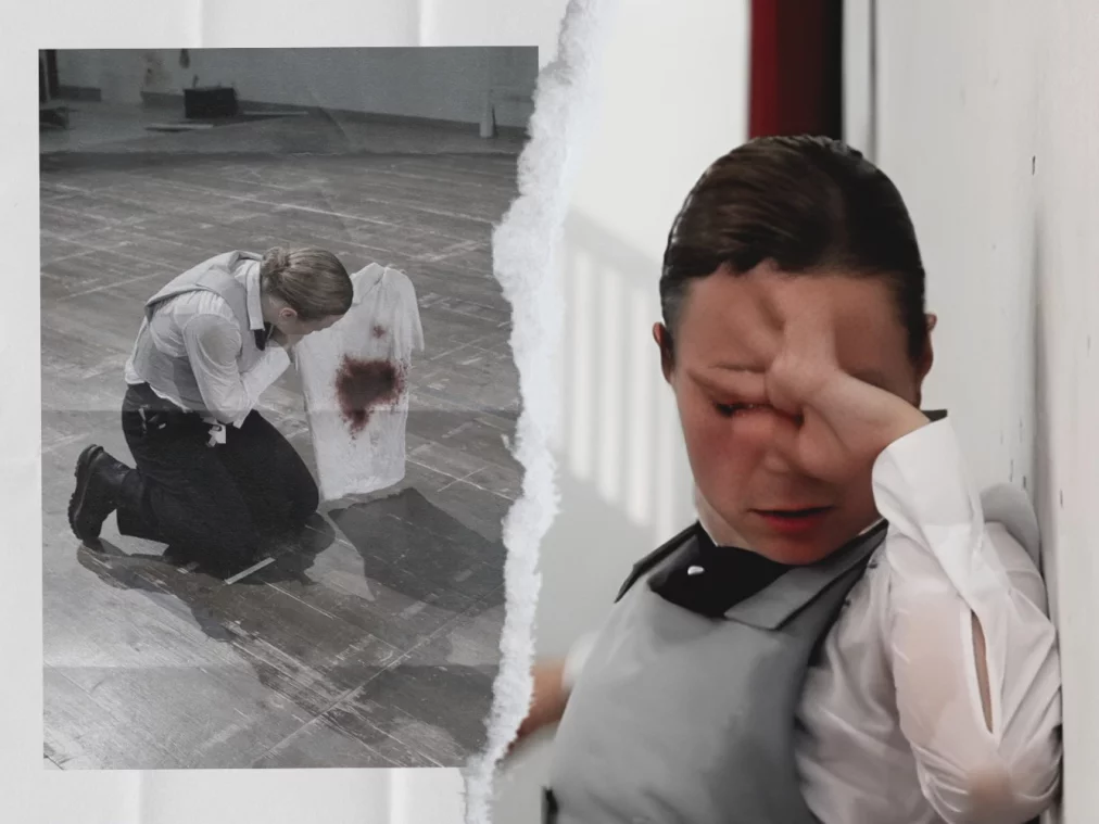 A collage of three different photos. One of the photos shows a person in a gray bulletproof vest kneeling on the ground. They are holding up a white T-shirt with a large red-brown stain and looking at it intently. In another picture, several people can be seen leaning over a table, engaged in a conversation. In the third picture, a person wearing a gray bulletproof vest can be seen over a large area, holding a hand in front of their face and looking down at the floor.