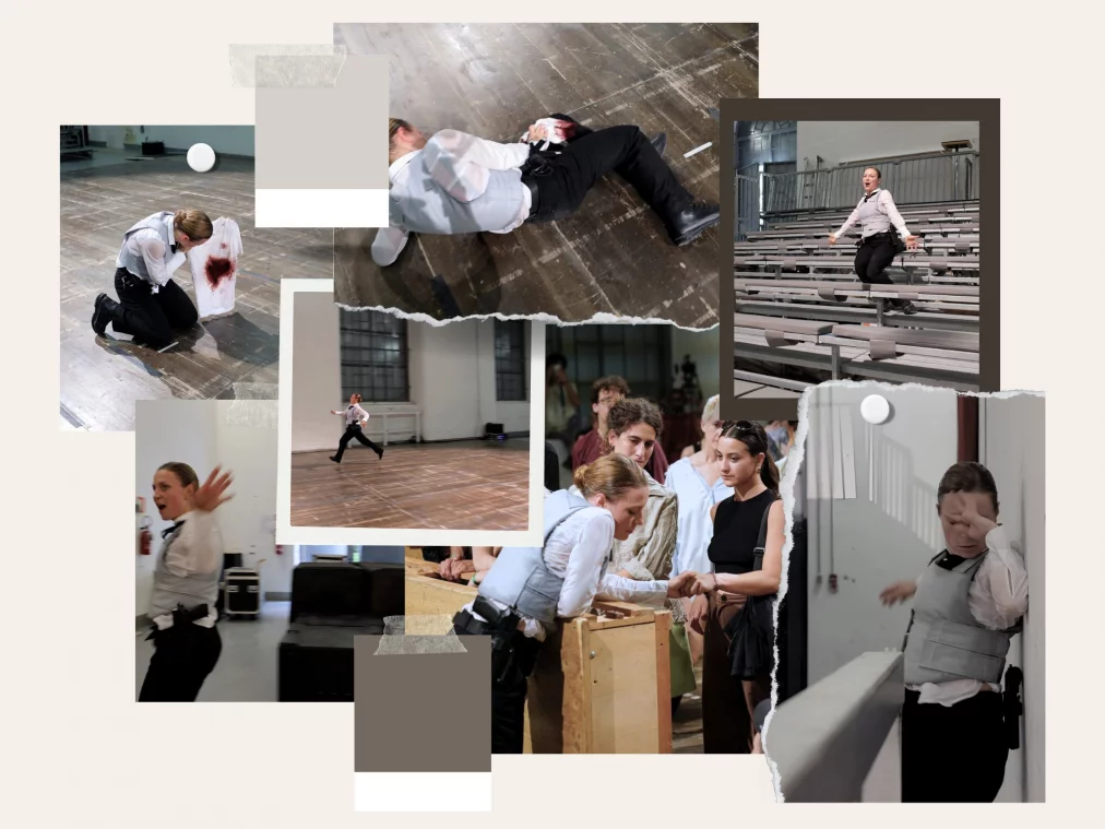A collage of three different photos. One of the photos shows a person in a gray bulletproof vest kneeling on the ground. They are holding up a white T-shirt with a large red-brown stain and looking at it intently. In another picture, several people can be seen leaning over a table, engaged in a conversation. In the third picture, a person wearing a gray bulletproof vest can be seen over a large area, holding a hand in front of their face and looking down at the floor.