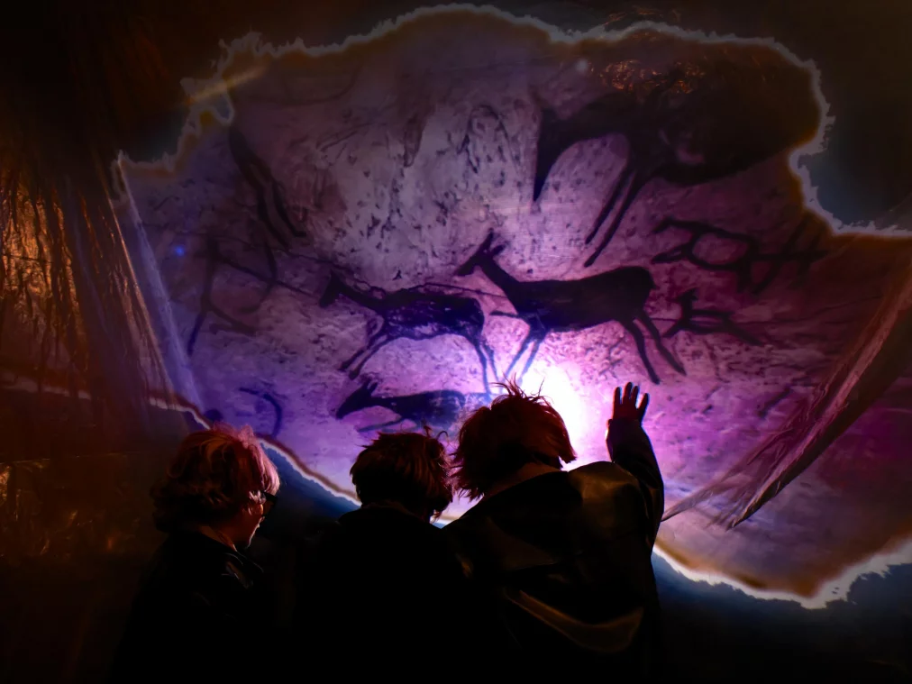 Mehrere Personen betrachten eine Projektion von prähistorischen Tierzeichnungen, während eine Person den Arm in Richtung der Bilder hebt.