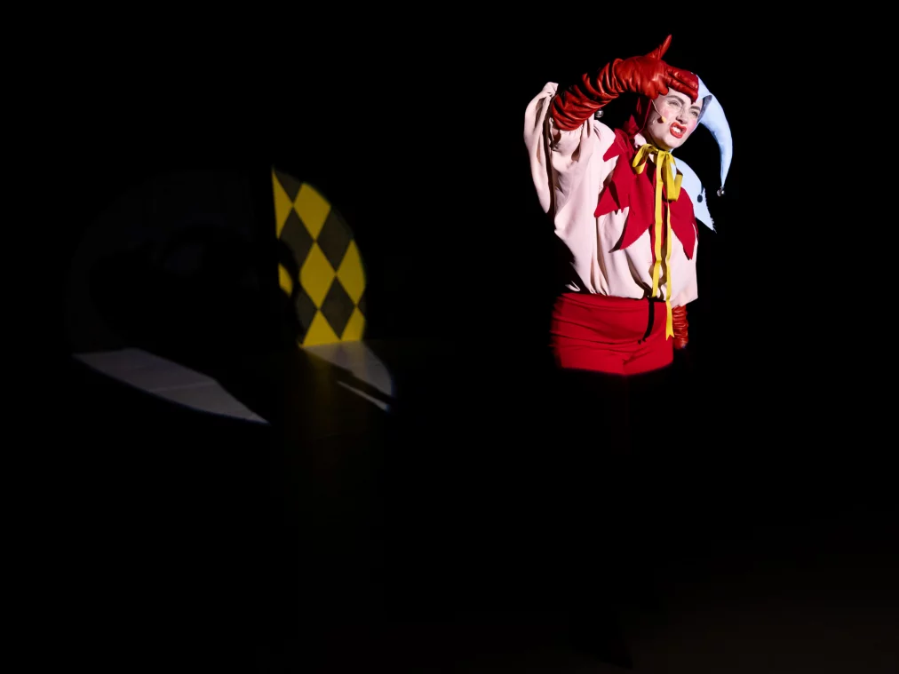 A person in a jester costume stands in a beam of light, raising one hand above their eyes as if looking into the distance. The background remains dark.