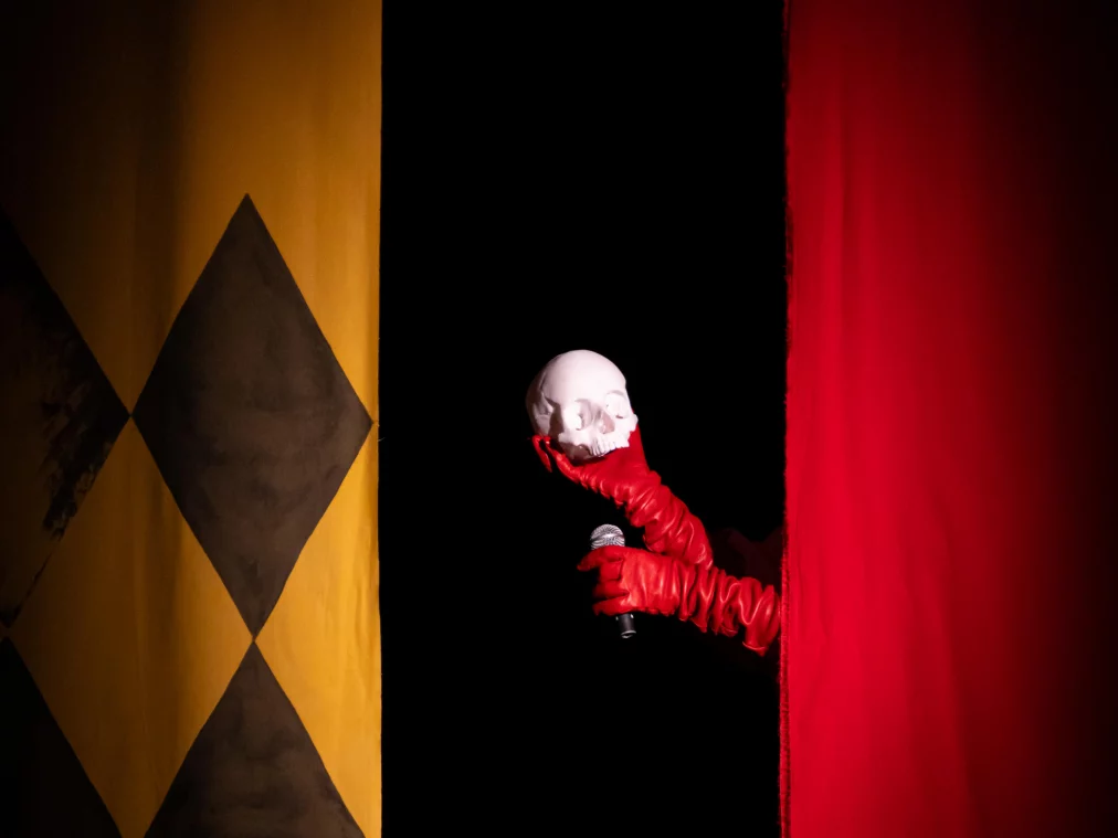 From a gap between two curtains, a hand in a red glove emerges holding a white skull; in the other hand is a microphone.