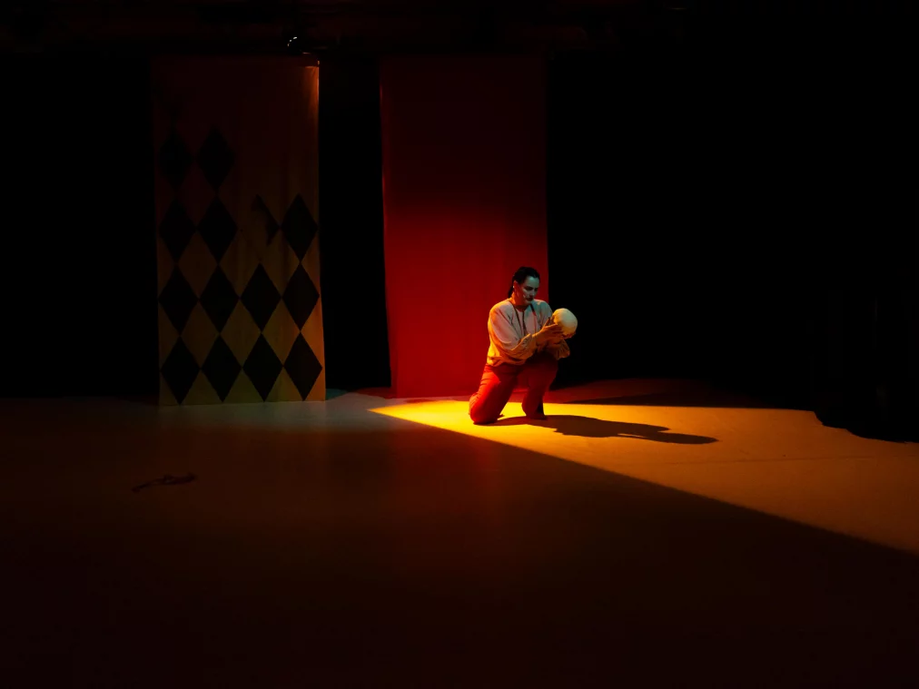 A person kneels in a warm spotlight on a stage, holding a white skull in their arms. Large fabric panels in red and yellow with diamond patterns hang in the background.