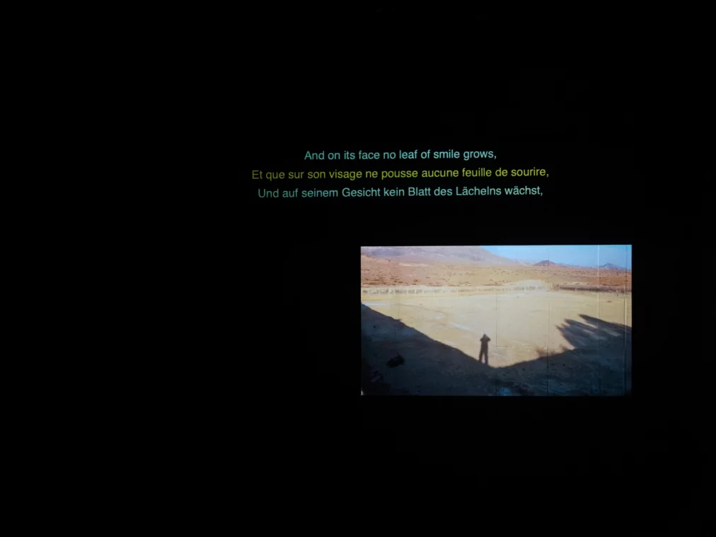 Auf einer dunklen Bühne erscheint eine Videoprojektion einer Landschaft mit der Silhouette einer Person. Darüber stehen mehrere Textzeilen in Englisch, Französisch und Deutsch.