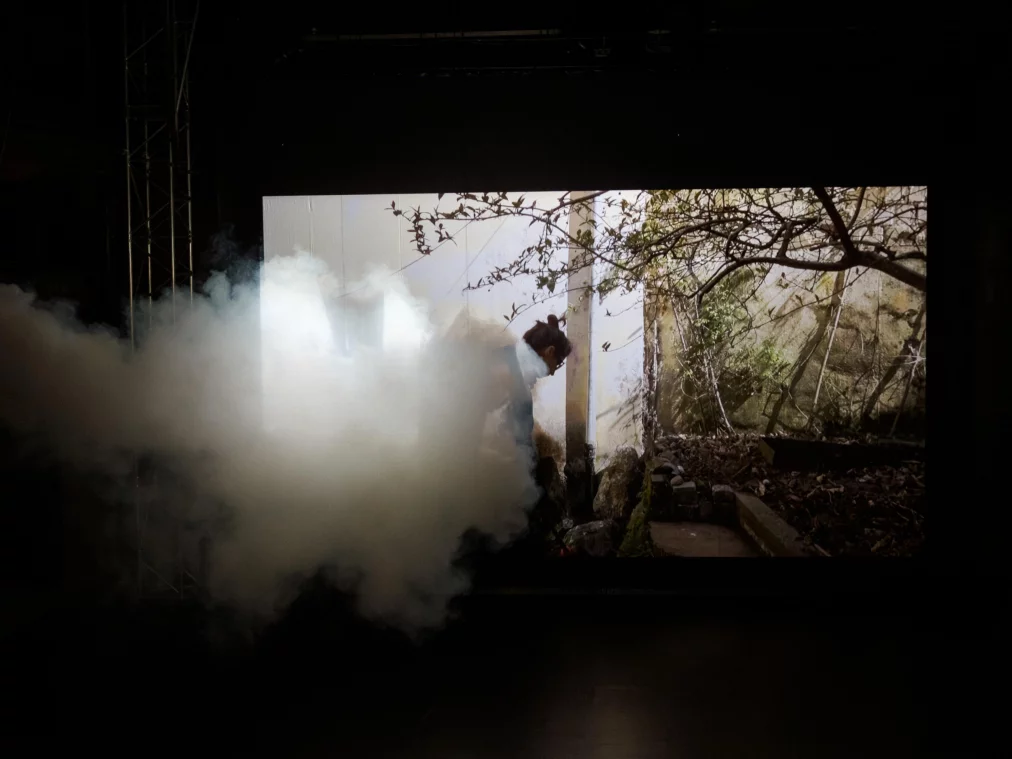 Eine große Videoprojektion zeigt eine Person in einem Außenraum neben einem Gebäude und Bäumen. Nebel oder Bühnenrauch zieht von der linken Seite über die Bühne und verdeckt teilweise die Projektion.