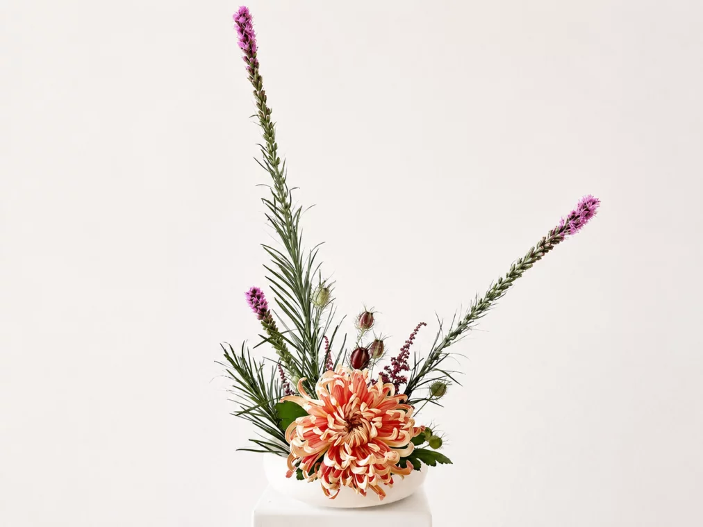 Ikebana-Arrangement in einer weißen flachen Schale: eine große lachsfarbene Chrysantheme im Zentrum, ergänzt durch hohe lila Liatris-Stängel, Gräser, Distelknospen und Ähren. Heller Hintergrund.