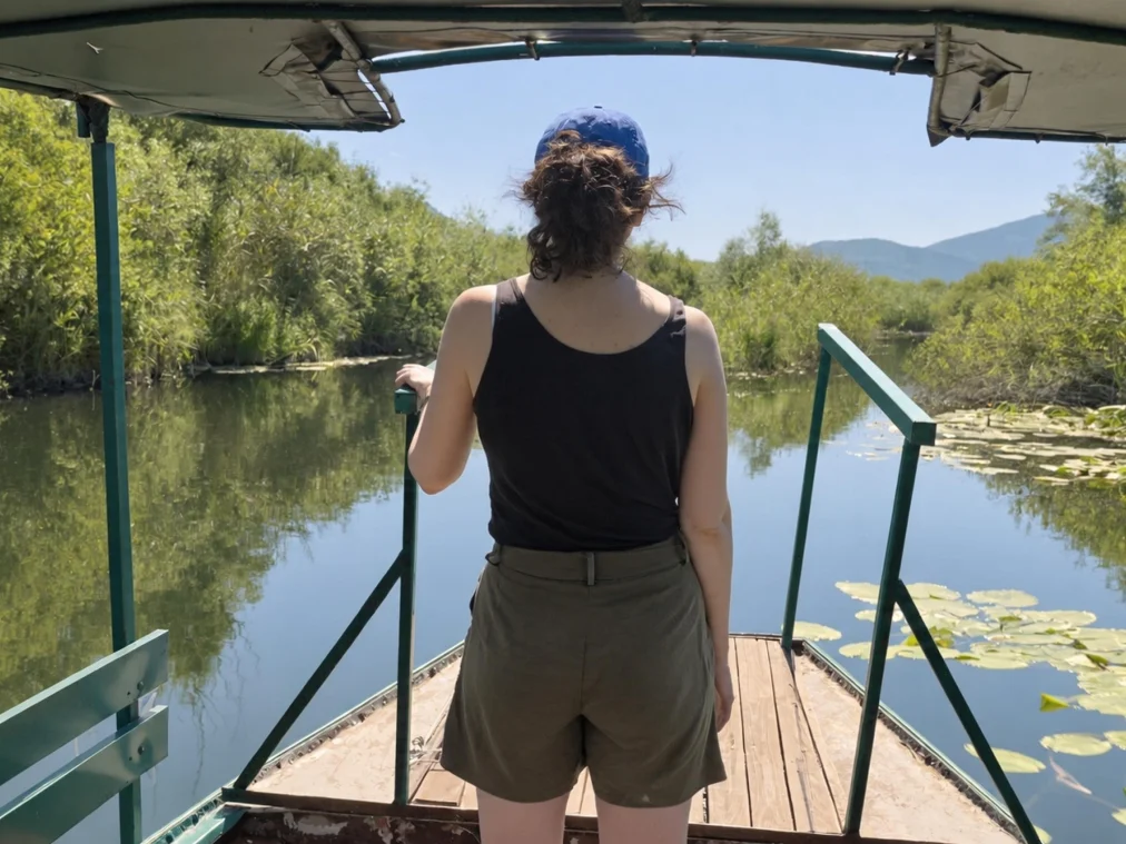 Eine Person mit blauer Kappe, dunklem Top und olivgrünen Shorts steht von hinten gesehen am Bug eines überdachten Holzboots und hält sich an einem grünen Geländer fest. Das Boot fährt auf einem ruhigen Fluss zwischen dichtem Schilf, auf dem Wasser schwimmen Seerosenblätter. In der Ferne liegen Berge unter blauem Himmel.