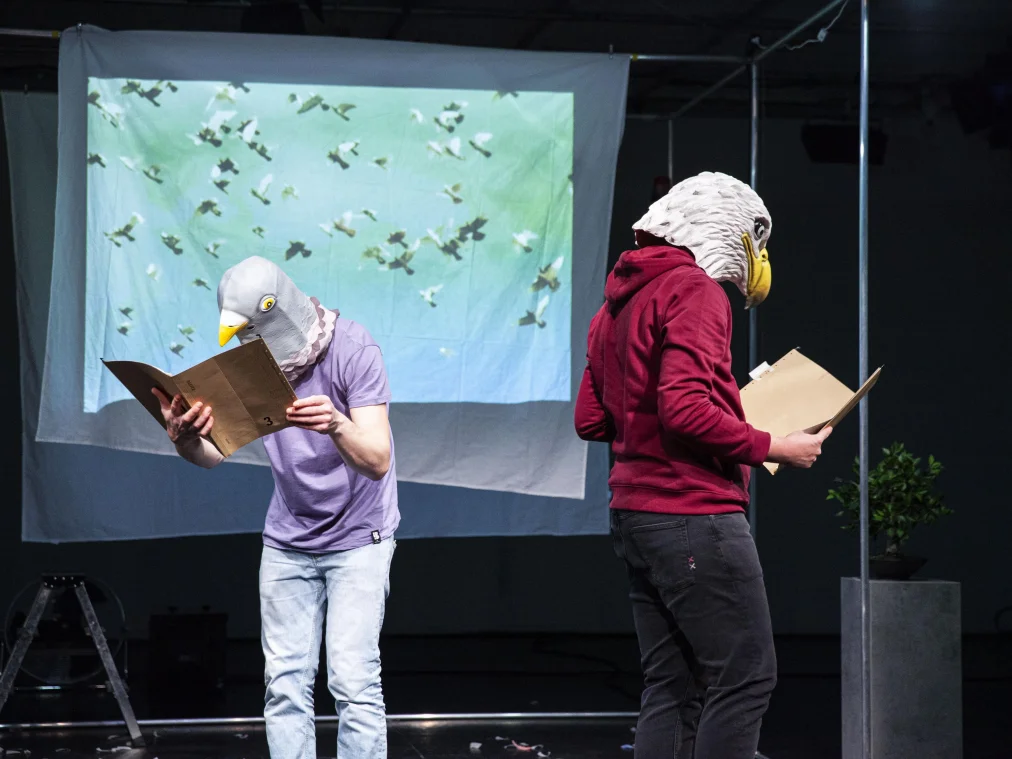 Zwei Personen mit großen Vogelmasken stehen auf einer Bühne und lesen aus aufgeschlagenen Aktendeckeln. Links eine graue Taubenmaske zu einem lila T-Shirt, rechts eine weiße Maske mit gelbem Schnabel zu einem roten Kapuzenpullover. Im Hintergrund eine aufgehängte Stoffbahn mit der Projektion eines Vogelschwarms vor grün-blauem Himmel, rechts ein kleiner Baum auf einem Sockel.